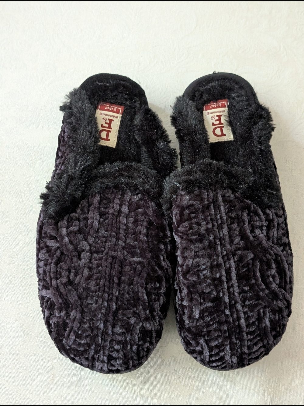 Dearfoams DF Women's Faux Fur Lined Slip-On Slippers Black/Gray US 5-6